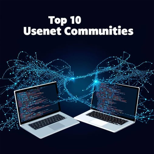 A picture with a black background containing two laptops, one on the left and one on the right, with data flowing between them and the text Top 10 Us