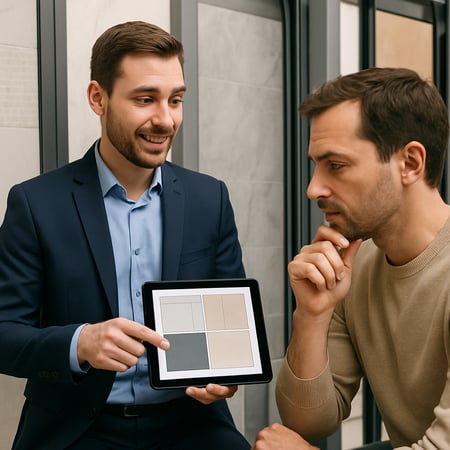A salesman using a tablet to help a customer make a buying decision on bathroom tiles