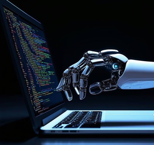 An image with a black background and a laptop with a robot hand typing program code-1