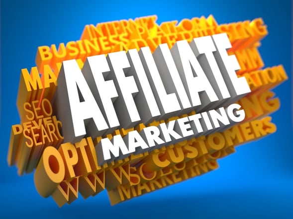 Affiliate Marketing on White Color on Cloud of Yellow Words on Blue Background. Business Concept.