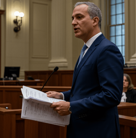 An Attorney Conveying Evidence at a Securities and Fraud Hearing