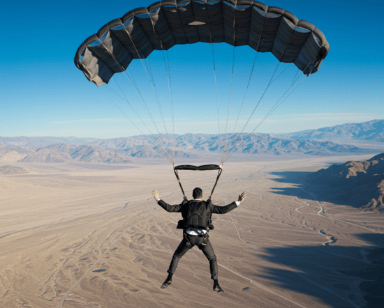 Video screenshot of an edit of a businessman in a suit skydiving